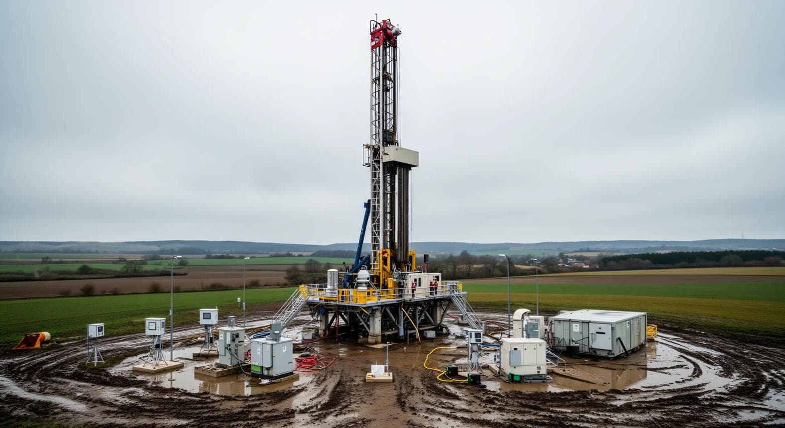 Derrick de forage sur un site d'exploration d'hydrogène naturel
